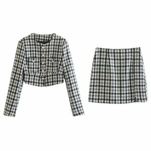 Black & Cream Plaid Pearl-Button skirt suit